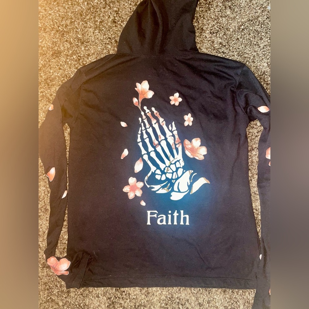 Black Hoodie with Skeleton Hands and Floral Design